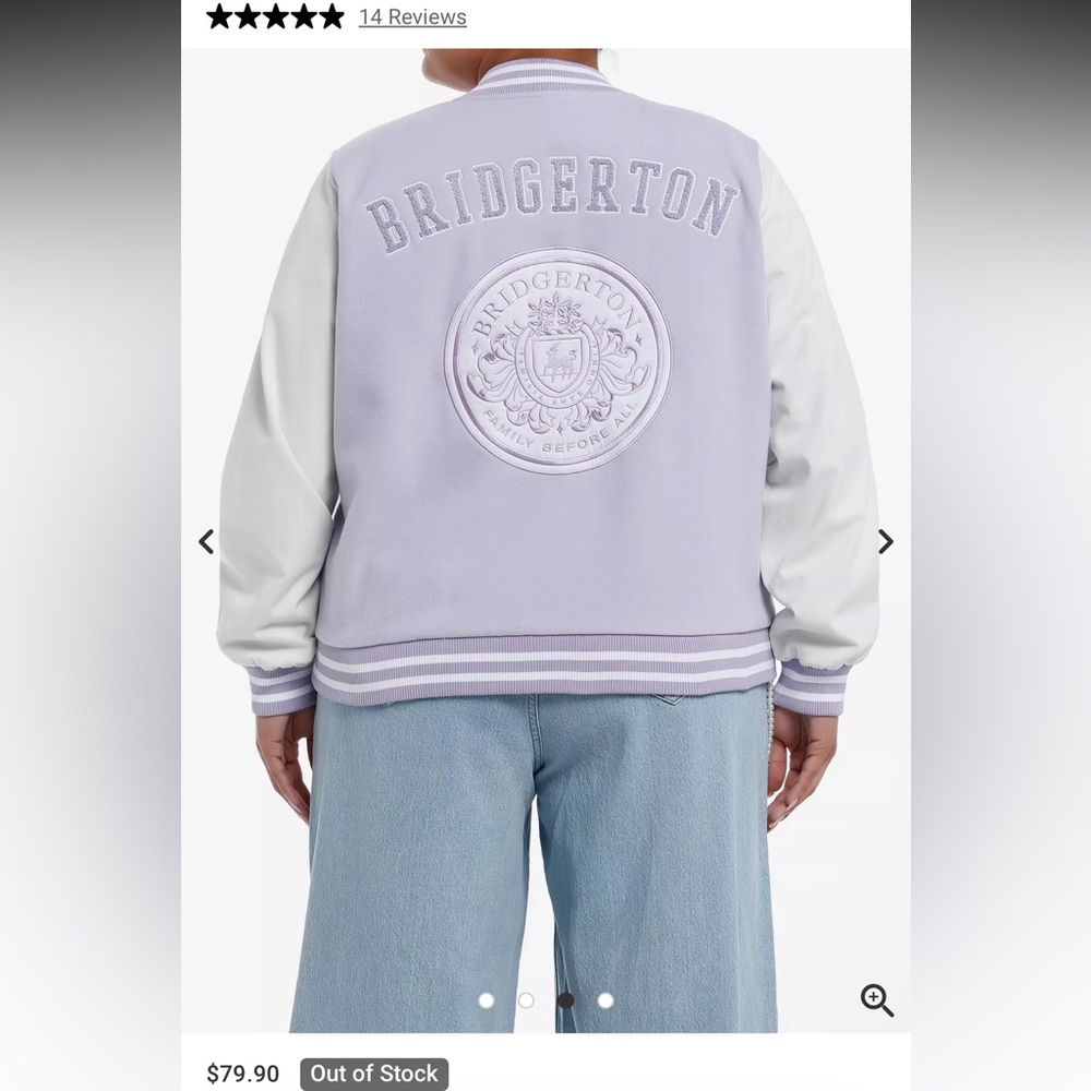 Her Universe Bridgerton 1X Lavender and White Varsity Jacket *never worn* - Picture 3 of 10